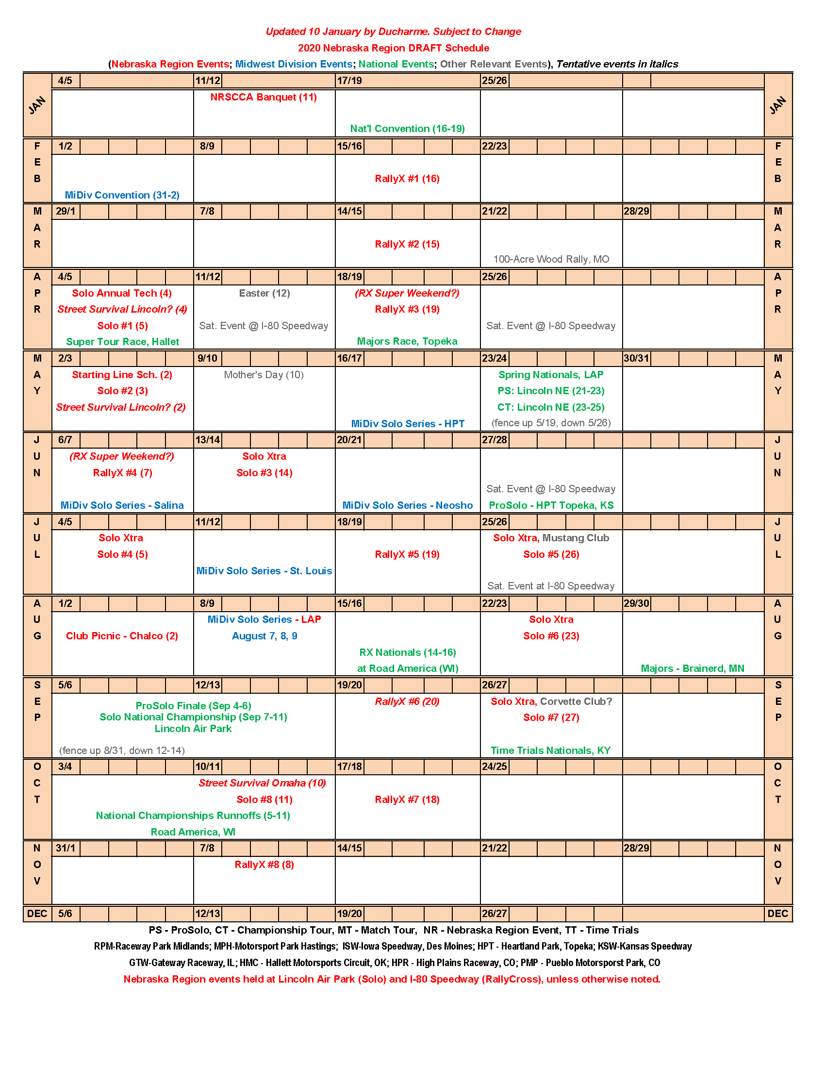 2020 NRSCCA Schedule